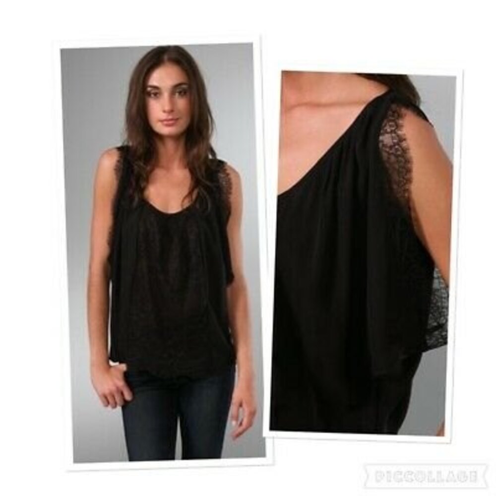 Joie Silk Versailles Top Size S Lace Trim Open Shoulder Caviar Black EUC $214 B5